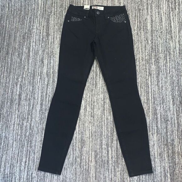 LEI Emma Juniors Size 5 Skinny Leg Jeggings‎ Black Embellished Pockets Stretch - Picture 1 of 8